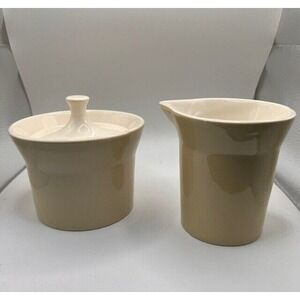 Vintage USA Pottery MCM Yellow & White Large Glazed Ceramic Sugar & Creamer Set